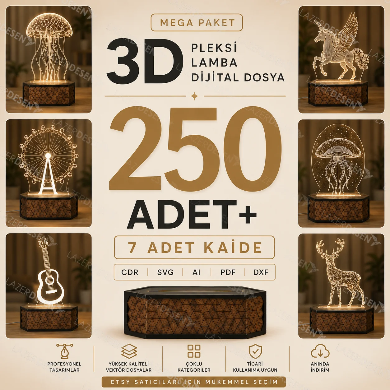 3D Pleksi LED Lamba Vektörleri (250+ Tasarım) | Lazer Çizim 