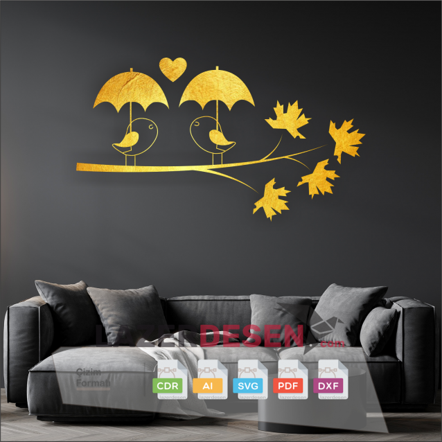 Duvar dekor şemsiyeli kuş deseni