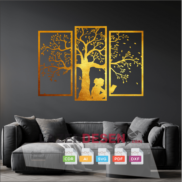 Girl reading book on wall table tree branches vector pattern