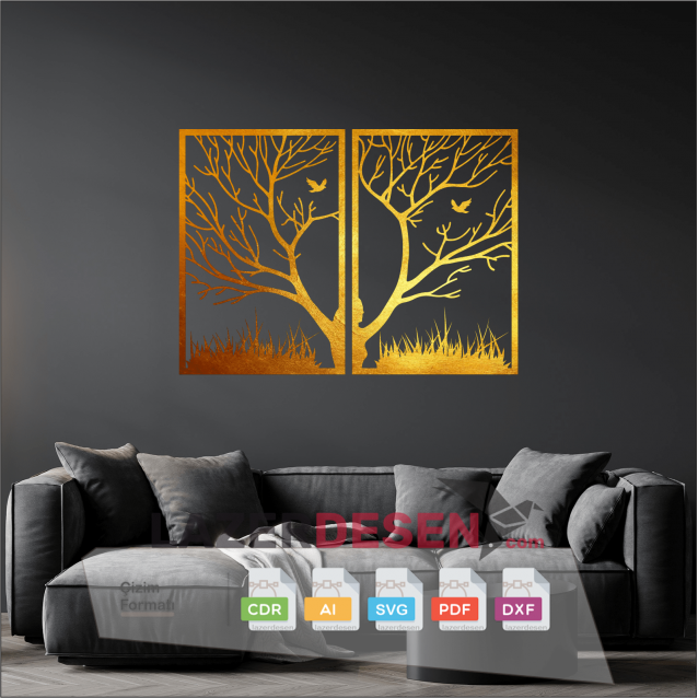 Wall painting tree branches bird vector pattern